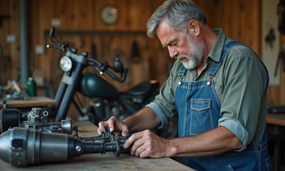 Artisan en overalls assemble un sidecar moto dans un atelier