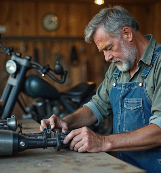 Artisan en overalls assemble un sidecar moto dans un atelier