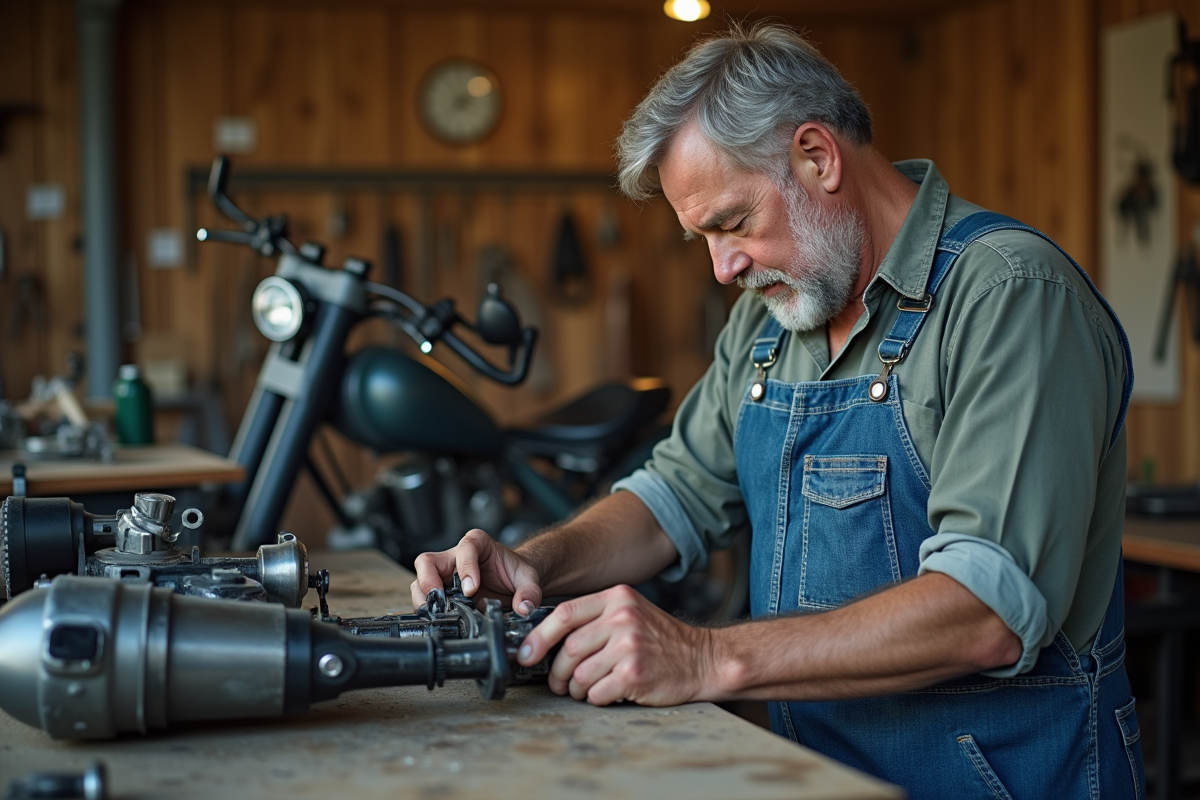 Artisan en overalls assemble un sidecar moto dans un atelier