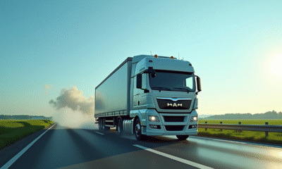 Camion diesel sur autoroute avec champs verts et ciel bleu