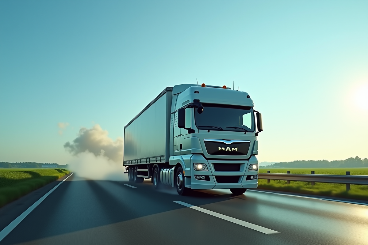 Camion diesel sur autoroute avec champs verts et ciel bleu