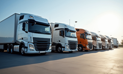 Plusieurs camions modernes de 19 tonnes stationnés en extérieur