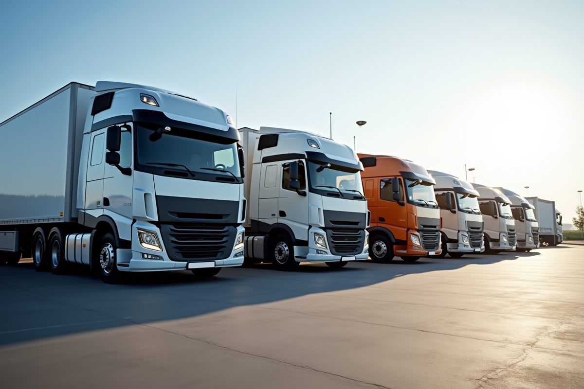 Plusieurs camions modernes de 19 tonnes stationnés en extérieur