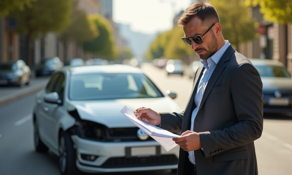 Conducteur inquiet à côté d'une voiture endommagée sur une rue ensoleillée