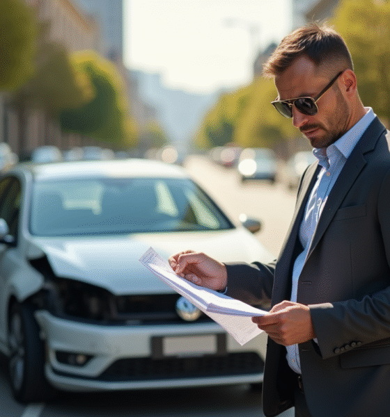 Conducteur inquiet à côté d'une voiture endommagée sur une rue ensoleillée