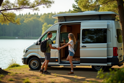 Jeune couple ouvrant un van aménagé au bord du lac