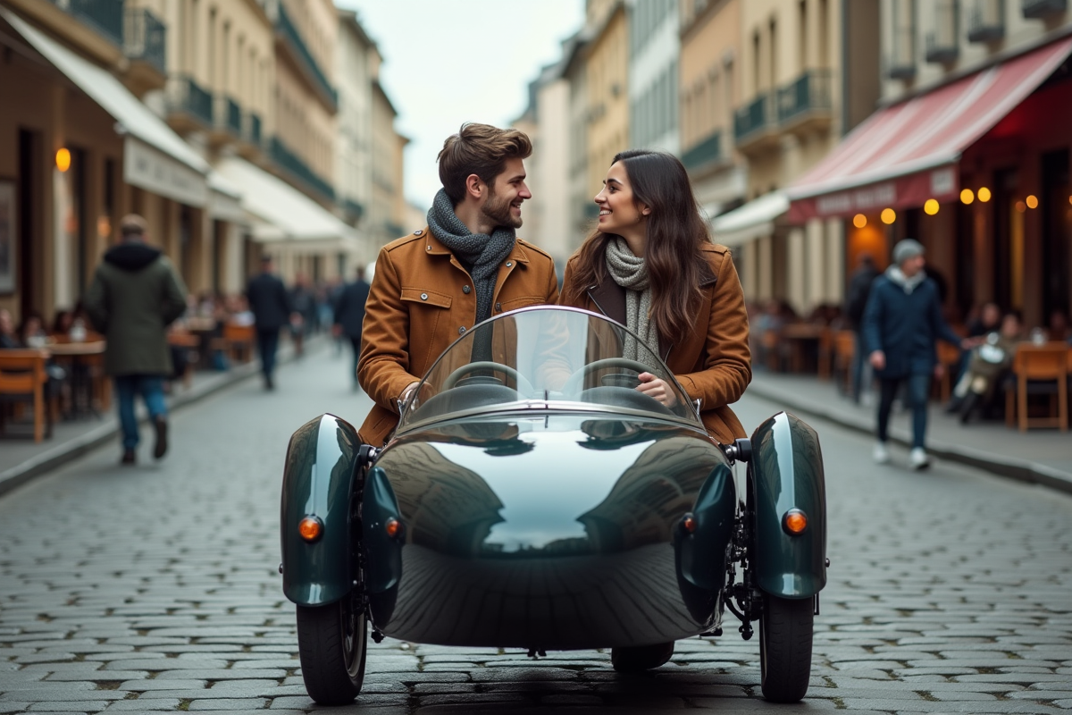 Jeune couple avec sidecar en ville authentique