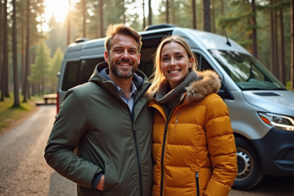 Couple souriant près d’un van en forêt ensoleillée