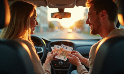 Deux personnes souriantes échangent de l'argent dans une voiture en ville