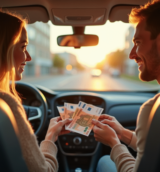 Deux personnes souriantes échangent de l'argent dans une voiture en ville