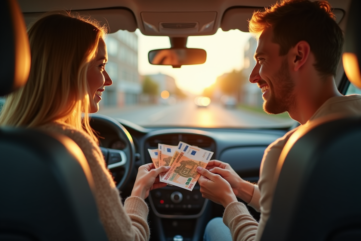 Deux personnes souriantes échangent de l'argent dans une voiture en ville