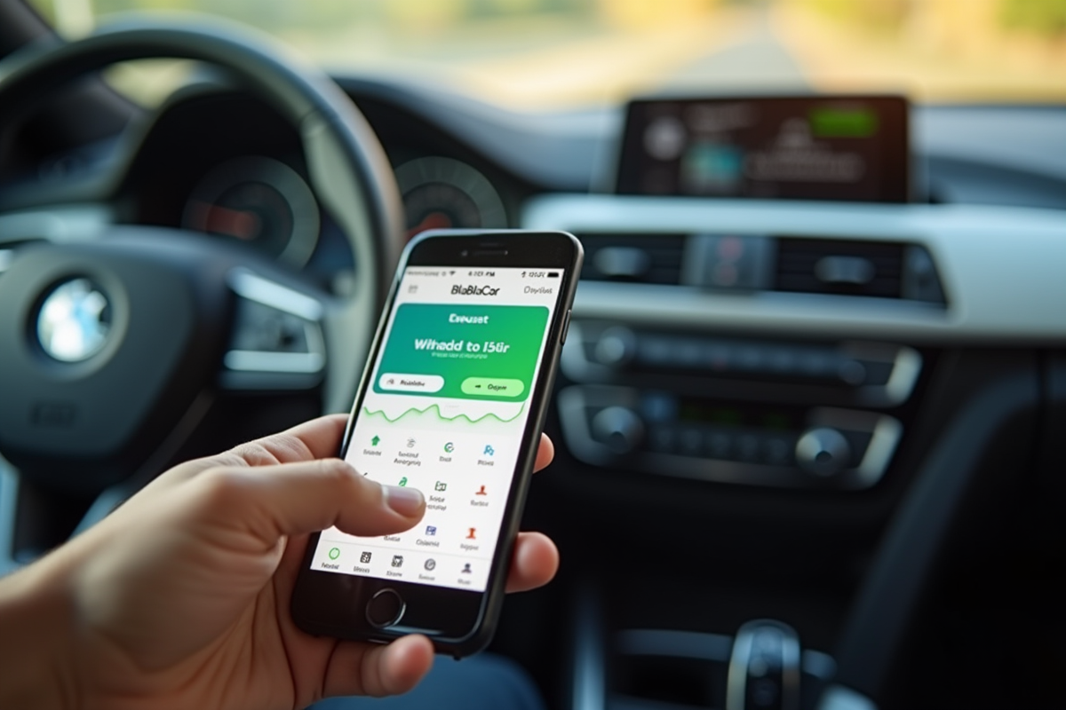 Main tenant des euros devant un smartphone avec l app BlaBlaCar dans la voiture