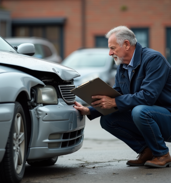Expert auto inspectant une voiture endommagée en extérieur