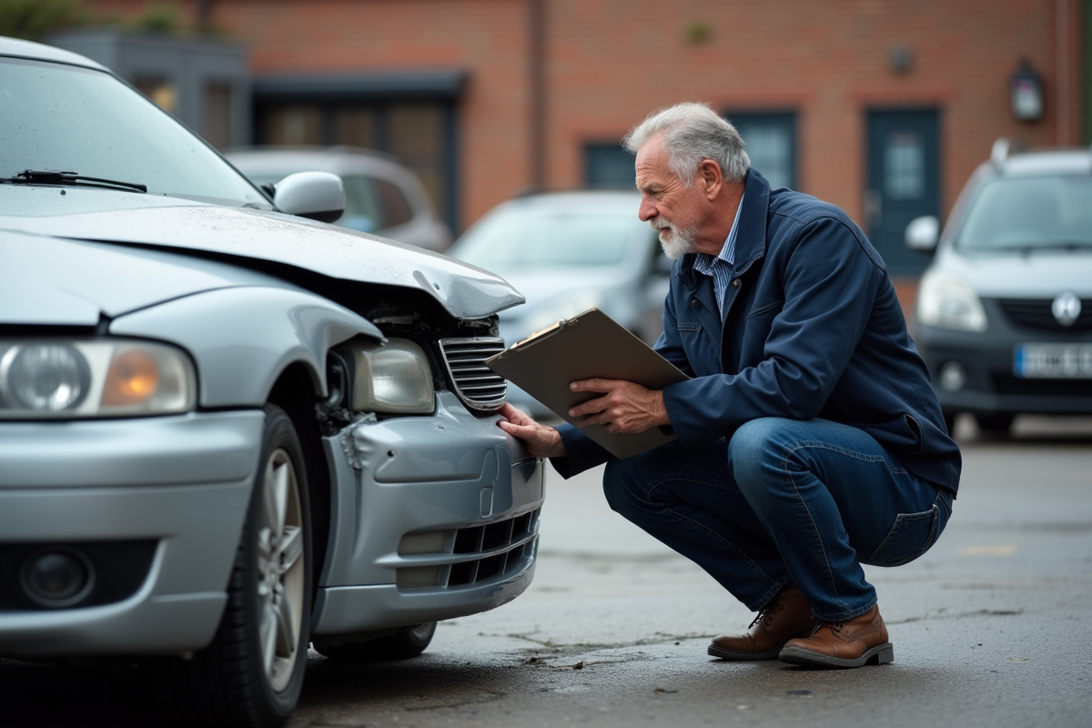 Expert auto inspectant une voiture endommagée en extérieur