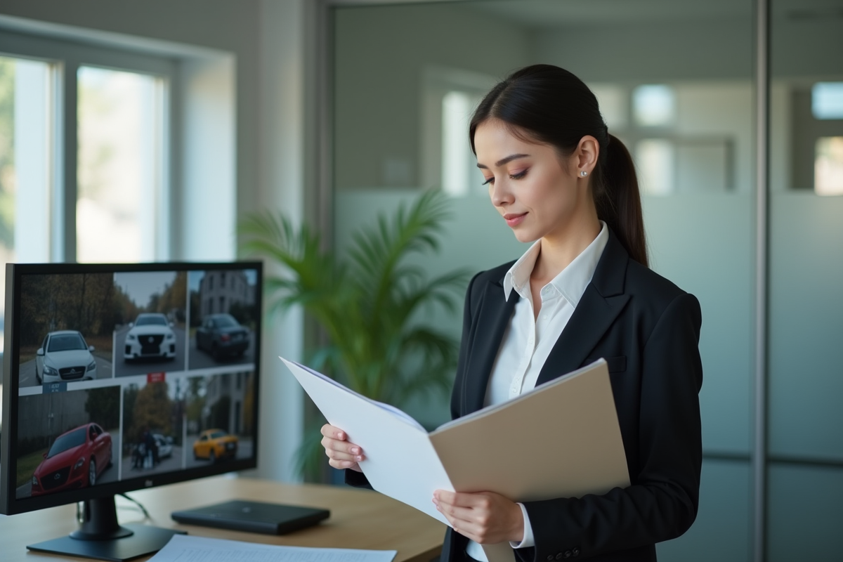 Jeune femme assureur examinant un dossier au bureau