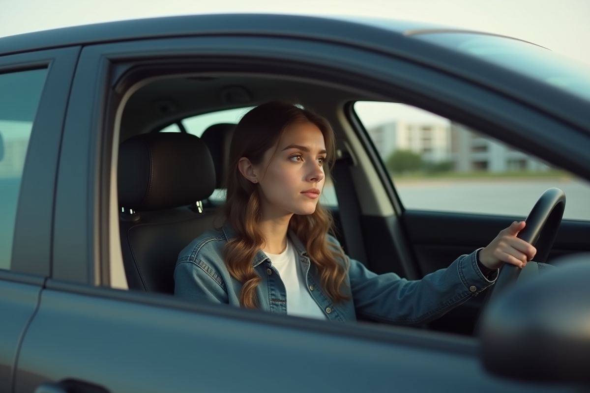 Jeune femme assise dans la voiture regarde par la fenetre