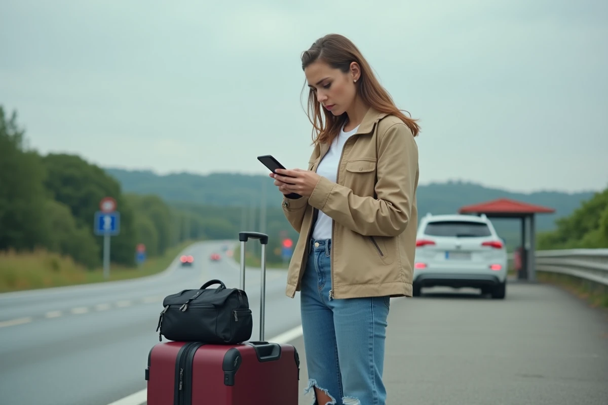 Jeune femme perplexe avec valise sur la route