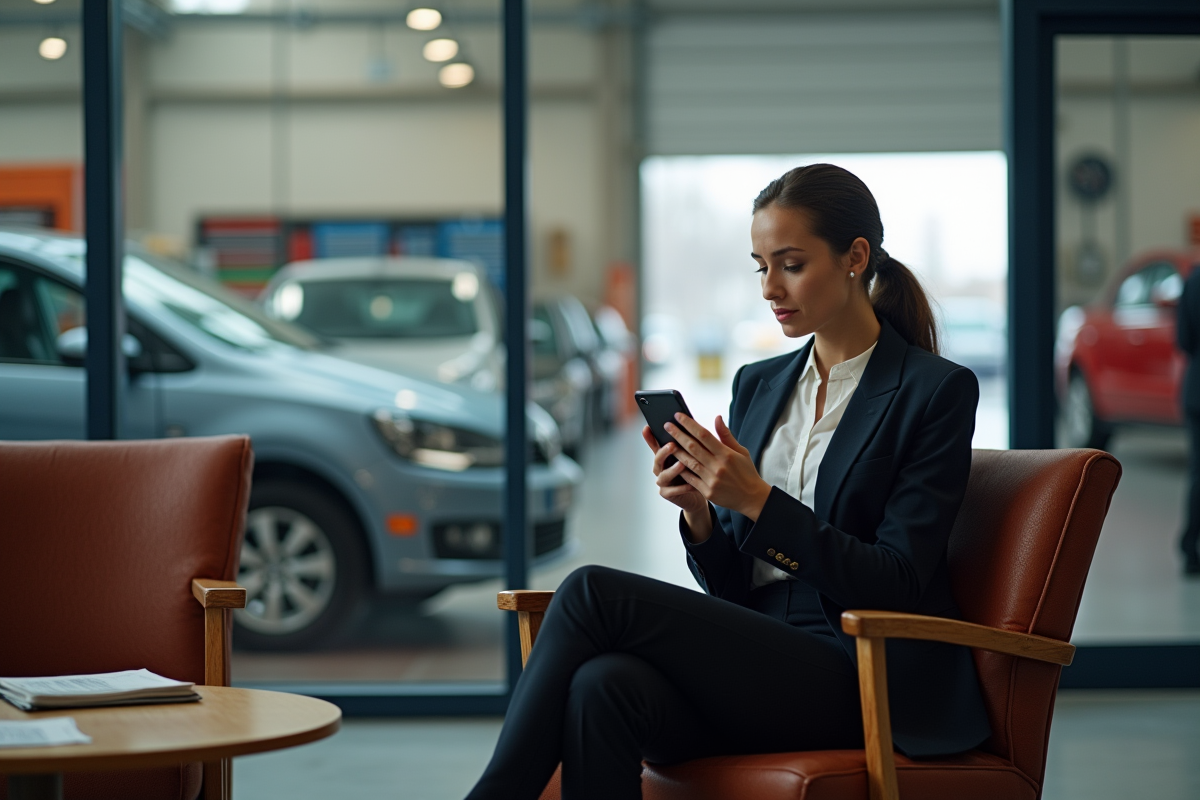 Jeune femme en attente dans un garage auto