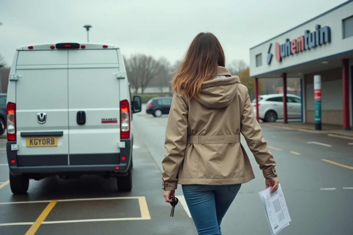 Jeune femme avec documents et clés vers une camionnette
