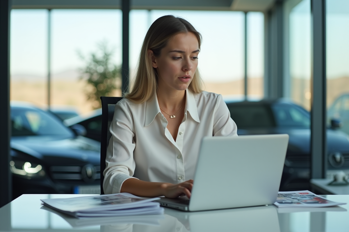 Femme au bureau regardant des brochures automobiles
