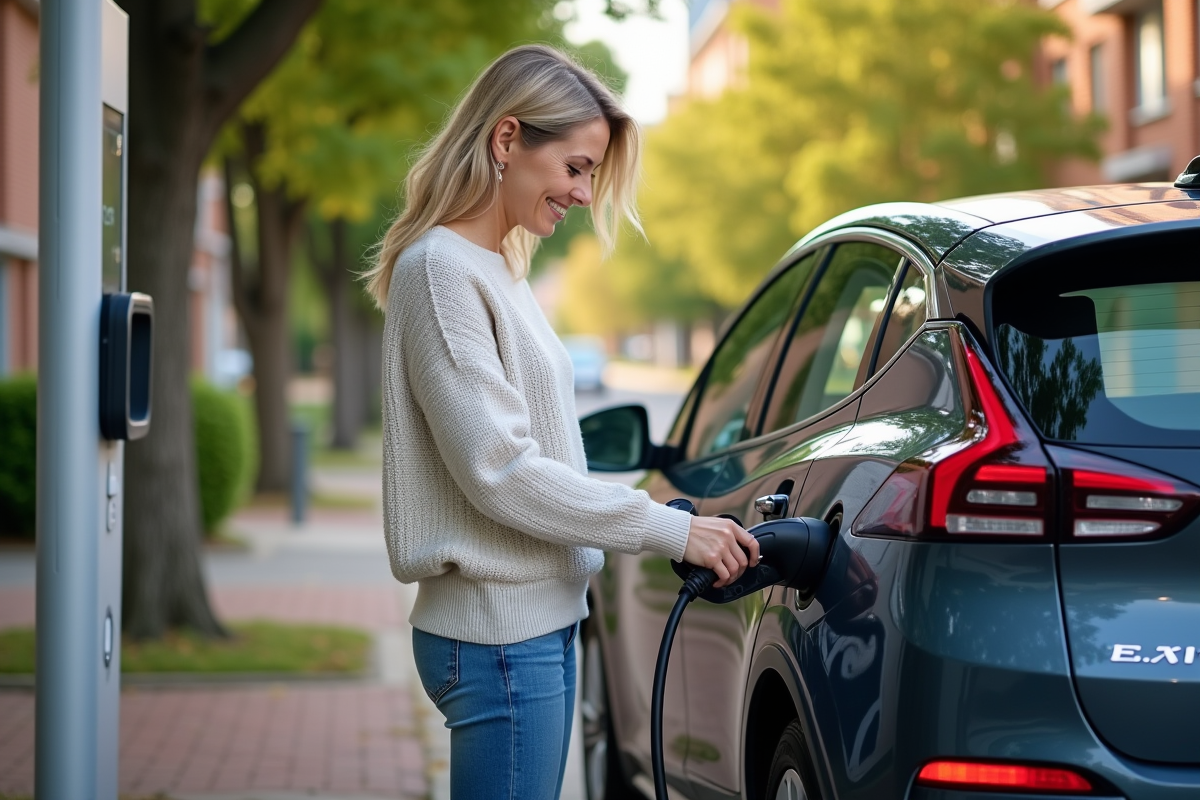 Femme charge une voiture électrique dans un quartier résidentiel