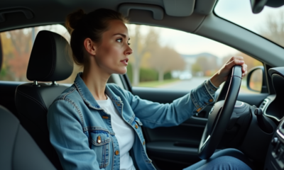 Femme stressée au volant d'une voiture moderne