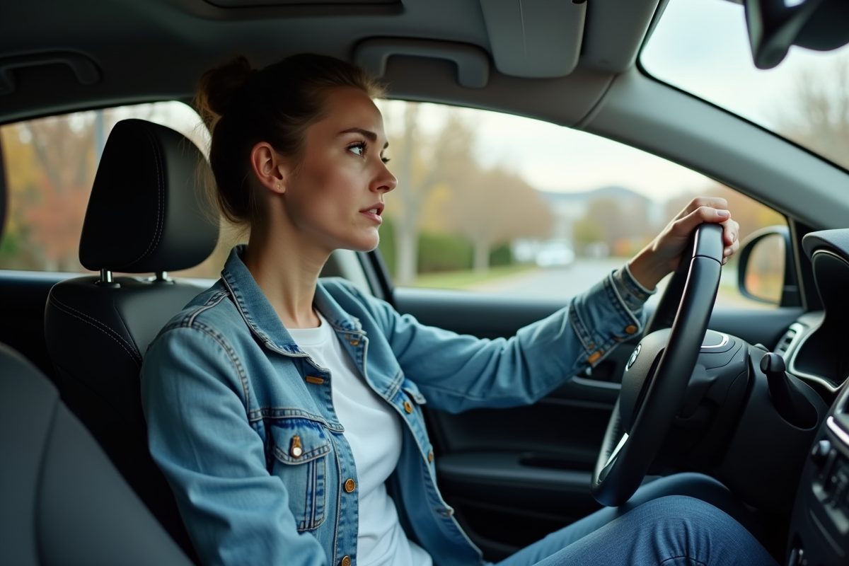 Femme stressée au volant d'une voiture moderne