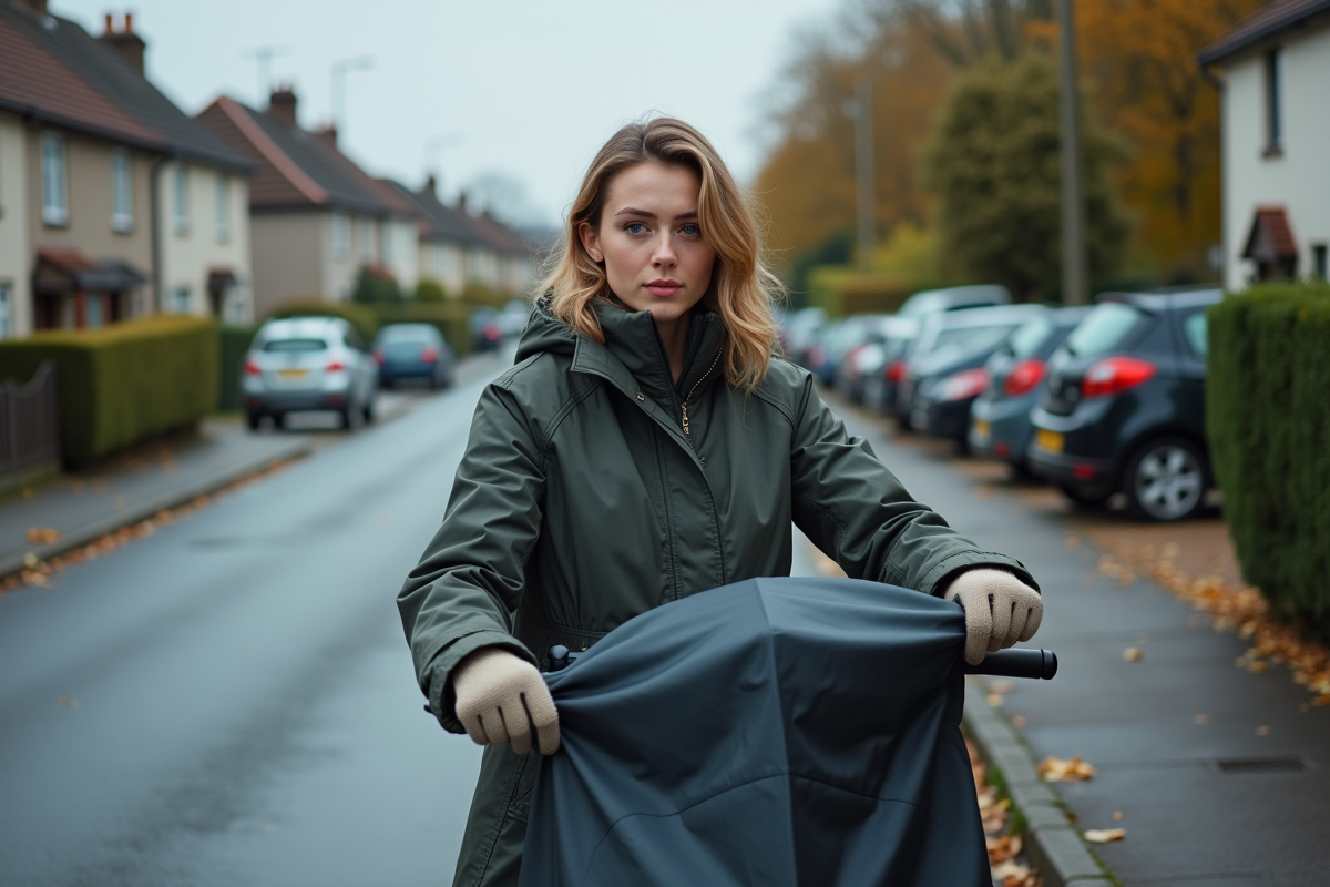 Jeune femme couvrant son scooter dans un quartier résidentiel