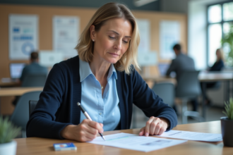 Femme française remplissant un formulaire de changement d'adresse