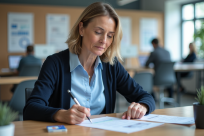 Femme française remplissant un formulaire de changement d'adresse
