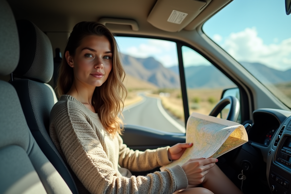 Femme détendue lisant une carte dans un van moderne