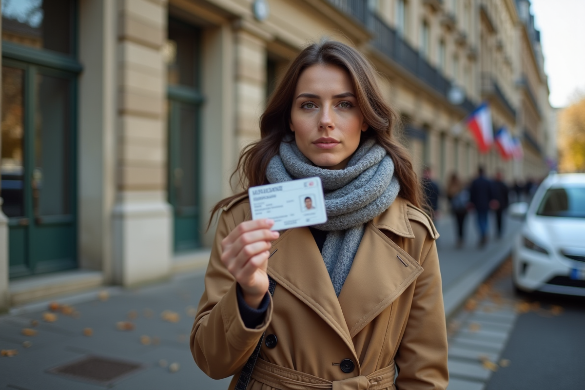 Femme tenant son ancien permis devant la mairie en extérieur