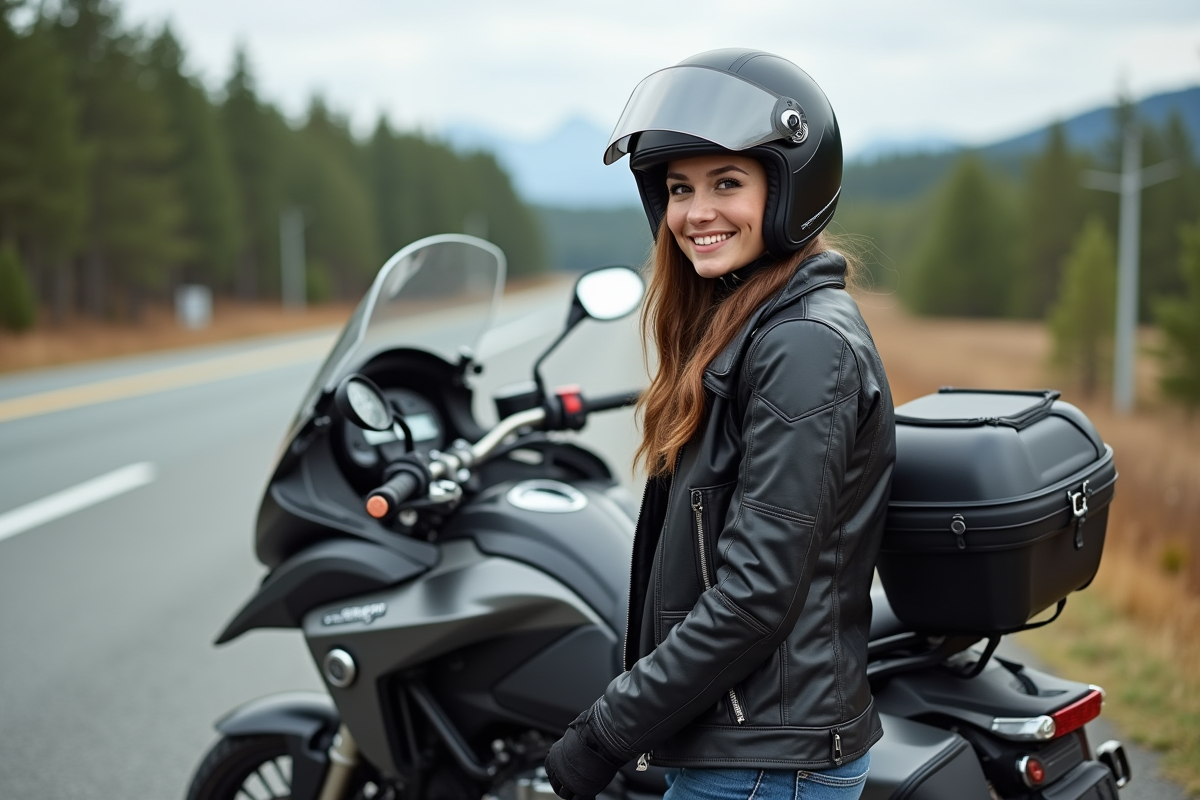 Jeune femme en moto voyageant en extérieur avec sa moto