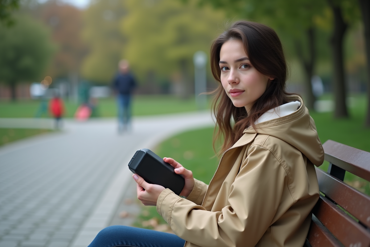 Femme tenant la batterie d’un scooter électrique sur un banc