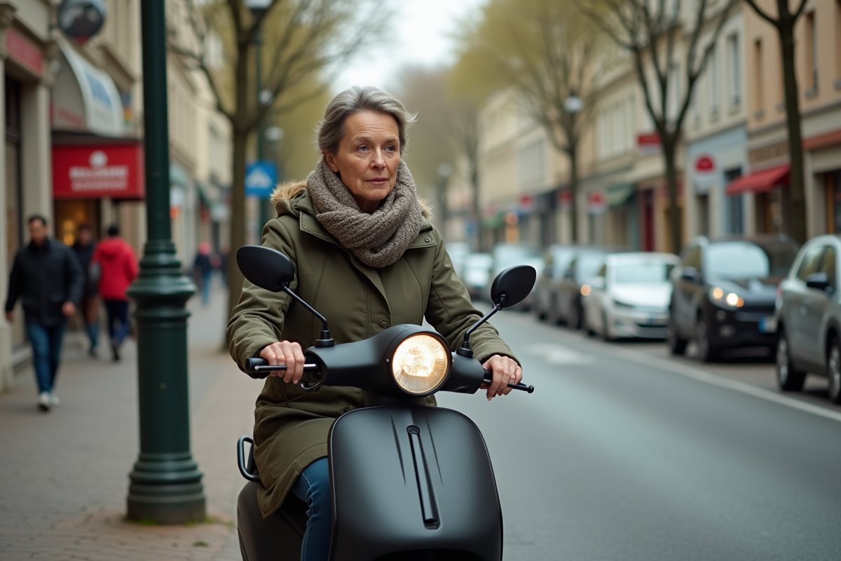 Femme en scooter électrique dans un quartier résidentiel