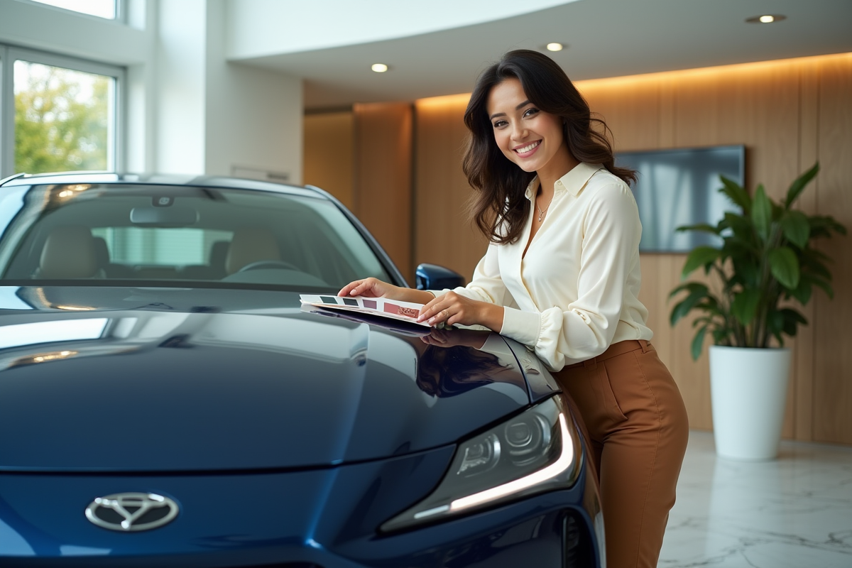 Femme souriante dans un showroom avec une voiture de luxe bleue