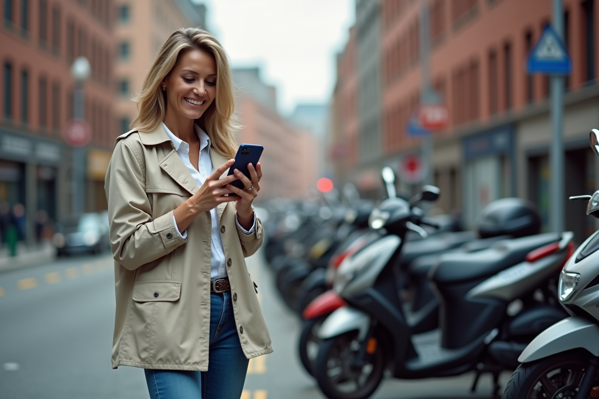 Femme montrant une application sur son smartphone près des motos