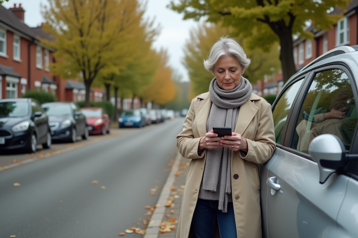 Femme dans une rue résidentielle utilisant son smartphone