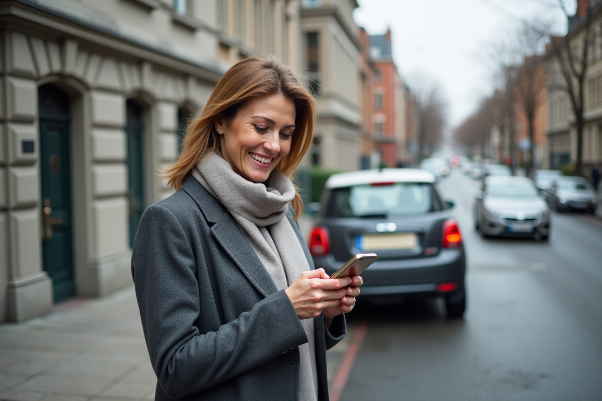 Femme souriante vérifie son smartphone près de sa voiture en ville