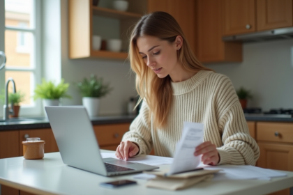Femme concentrée travaillant sur un ordinateur dans une cuisine moderne