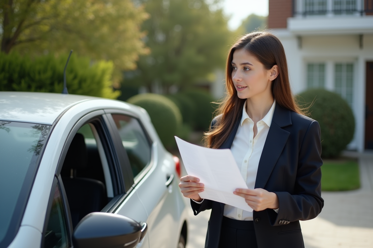 Femme dehors avec sa voiture et papiers d