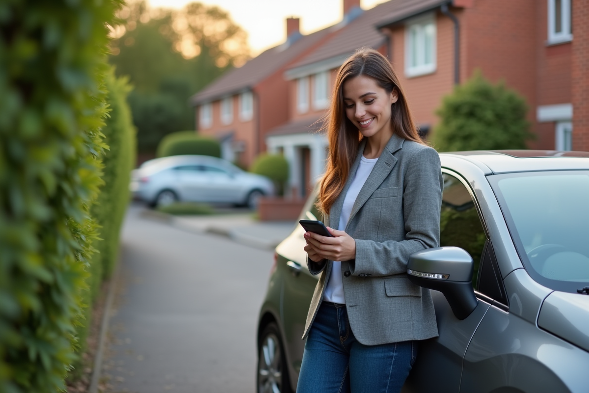 Jeune femme vérifiant son téléphone à côté de sa voiture