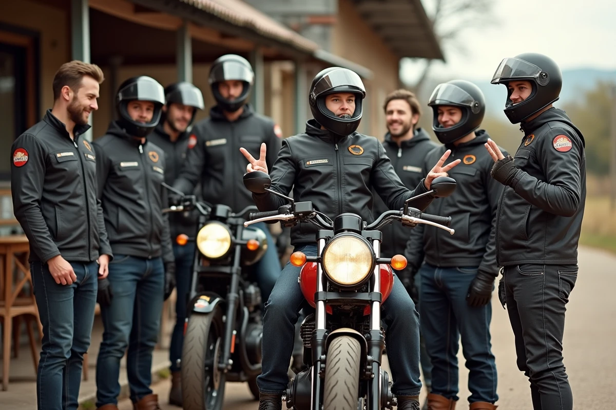 Groupe de motards en cercle devant un café rural