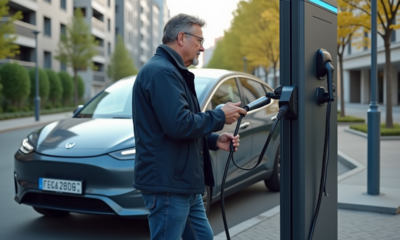 Homme en veste navy charge une voiture électrique en ville