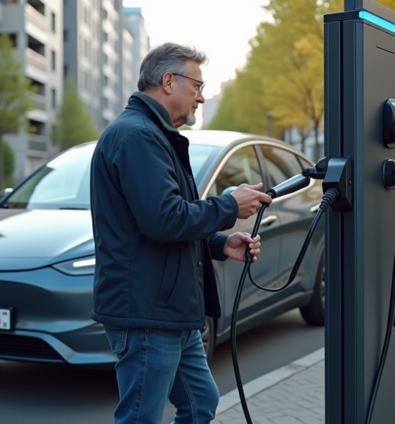 Homme en veste navy charge une voiture électrique en ville