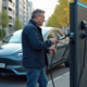 Homme en veste navy charge une voiture électrique en ville