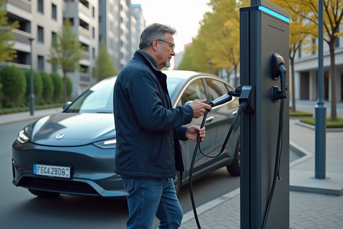 Homme en veste navy charge une voiture électrique en ville