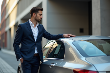 Homme en costume bleu à côté d'une voiture urbaine élégante