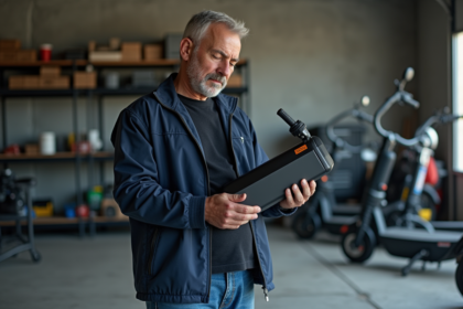 Homme regardant une batterie de scooter électrique dans un garage