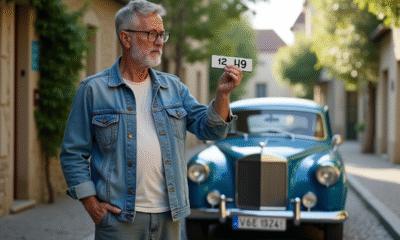 Homme français examine une plaque d'immatriculation dans un quartier résidentiel